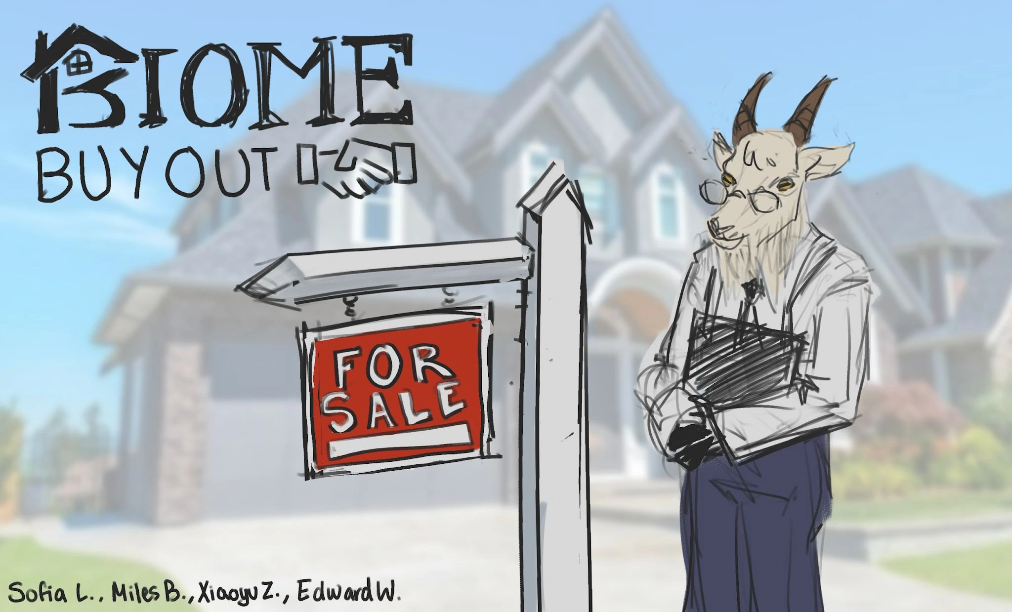 Biome Buyout title artwork: a goat real estate agent beside a for-sale sign