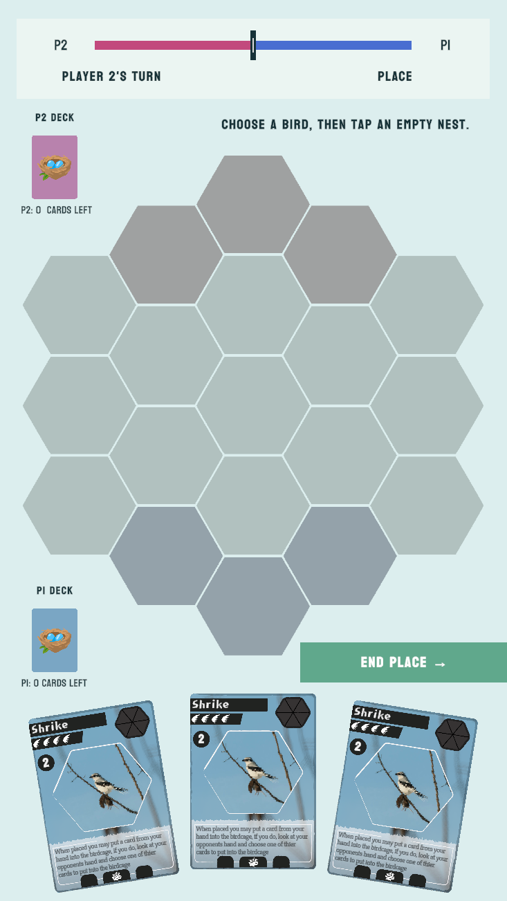 Pic Peck gameplay: a hexagonal board, bird cards, and player decks