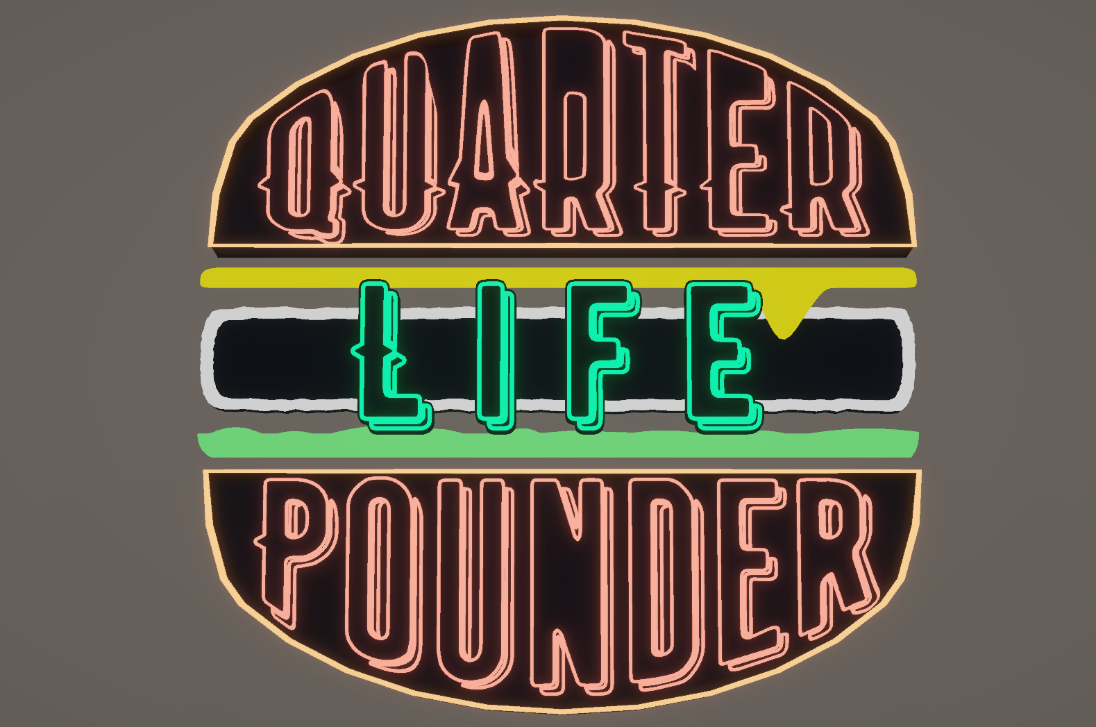 Quarter Life Pounder logo styled as a burger-shaped neon sign