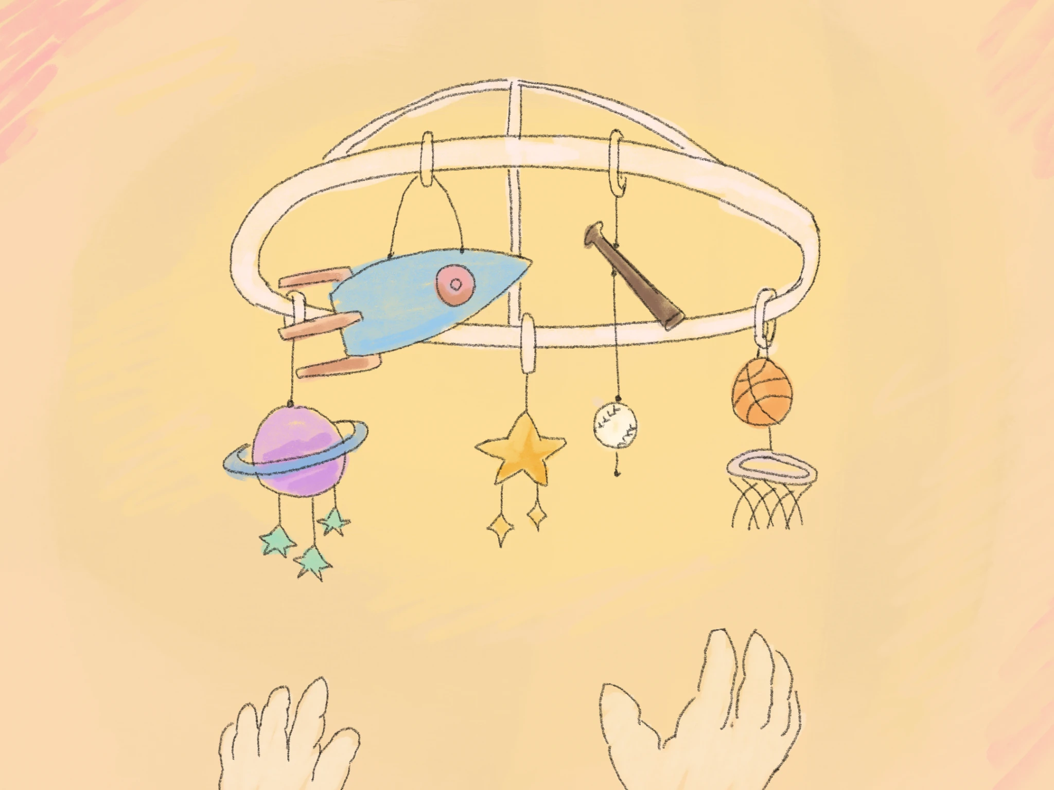 Reminisce illustrated nursery mobile seen from below