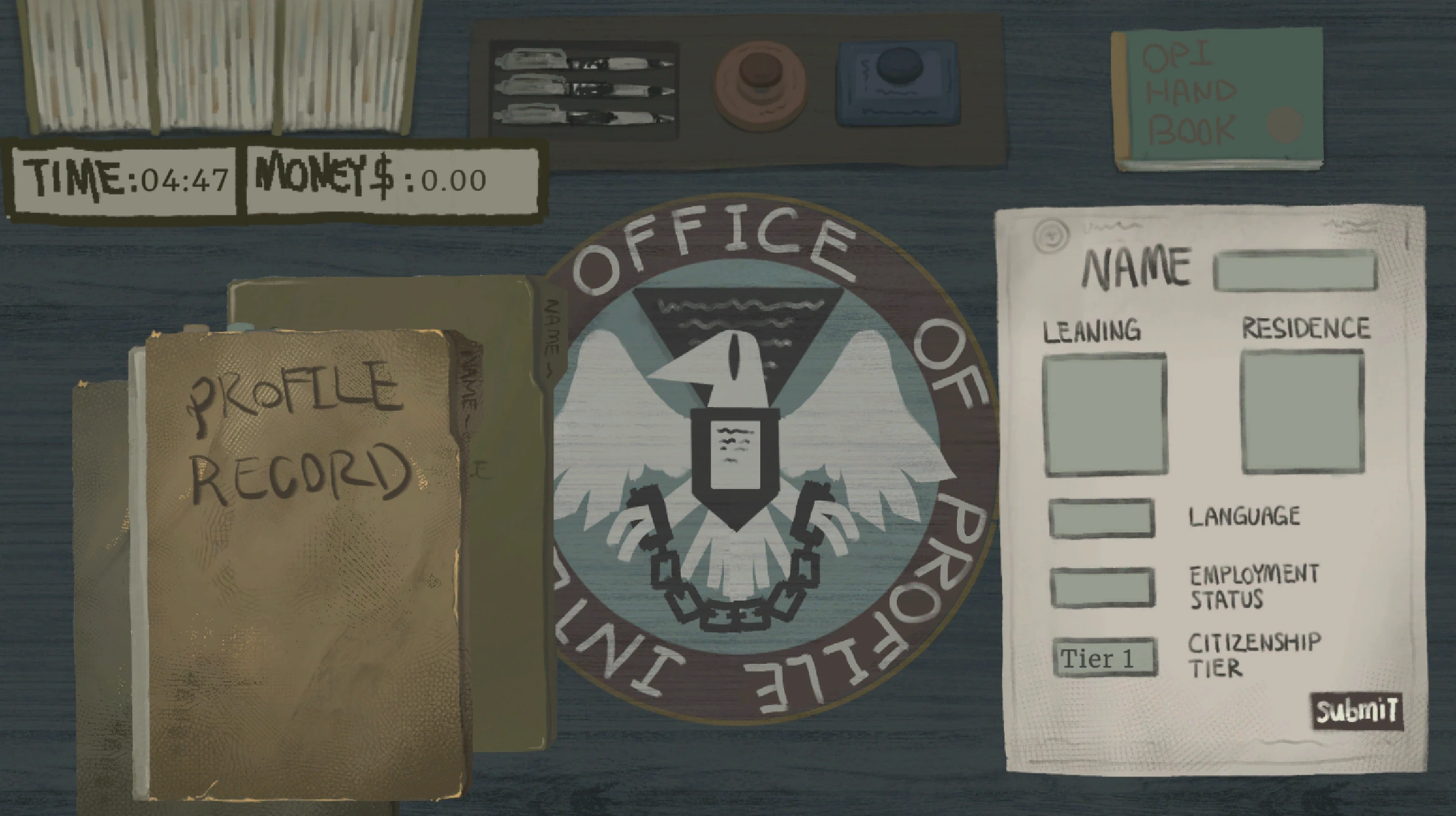 INDEX gameplay with profile records, identity fields, and a bureaucratic desk