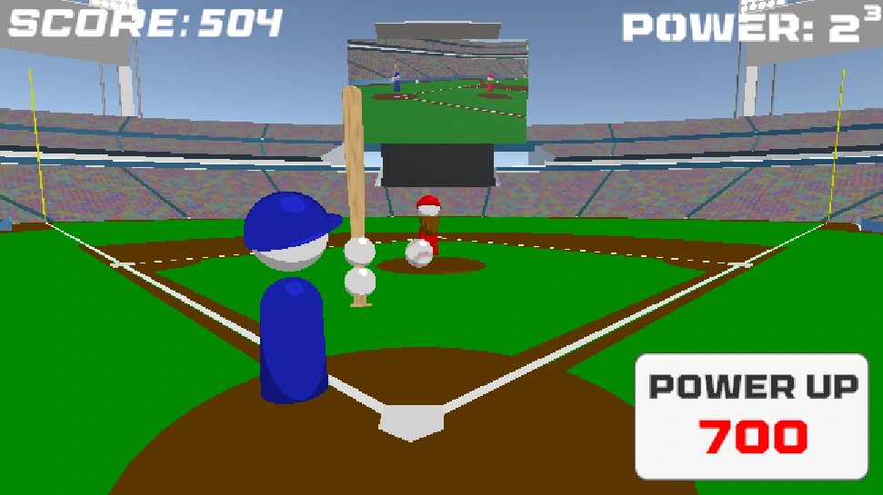 Power Baseball 2000 batting with score and power-up controls
