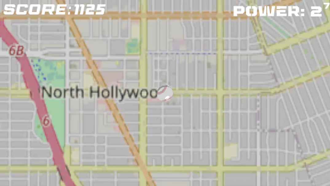 A Power Baseball 2000 ball over a map of North Hollywood
