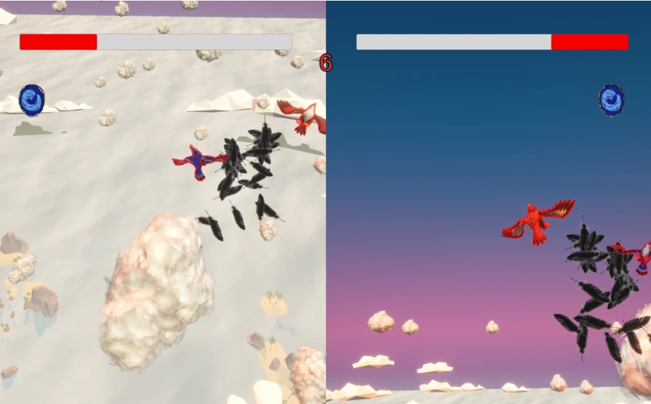 Skyreign split-screen bird duel above a floating arena